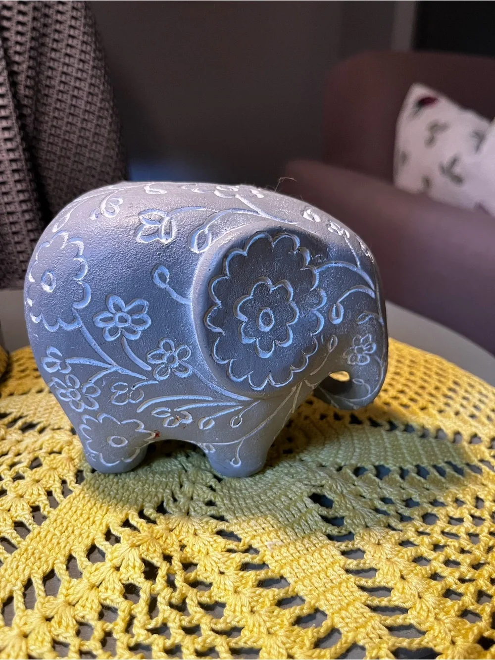 Grey Floral Carved Elephant Perpetual Wooden Block Calendar Desk Accent
